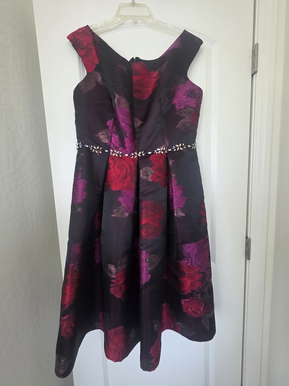 Eliza J Black Floral Fit-and-Flare Dress with Red & Purple Roses